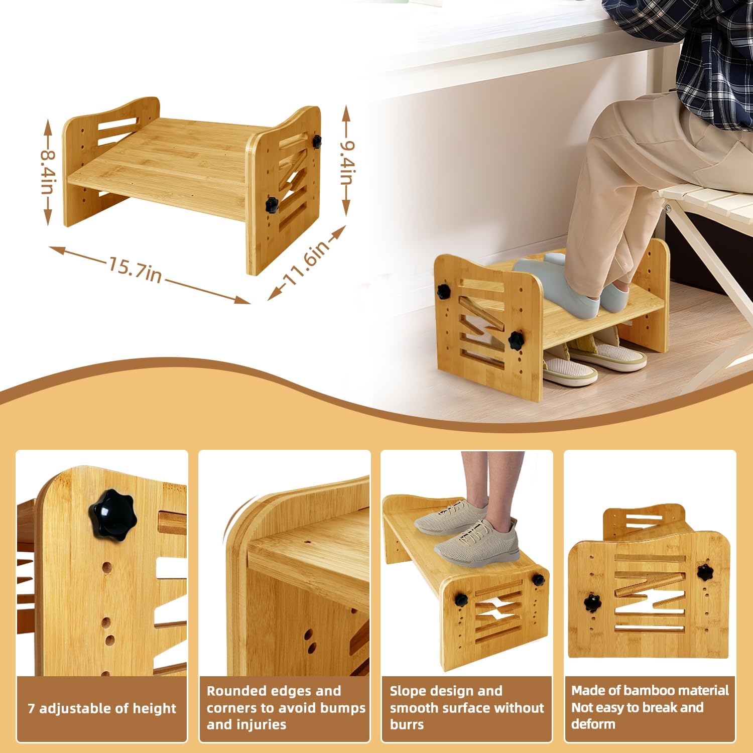 Myplace Bamboo Adjustable Under Desk Footrest, Ergonomic Foot Rest with ...